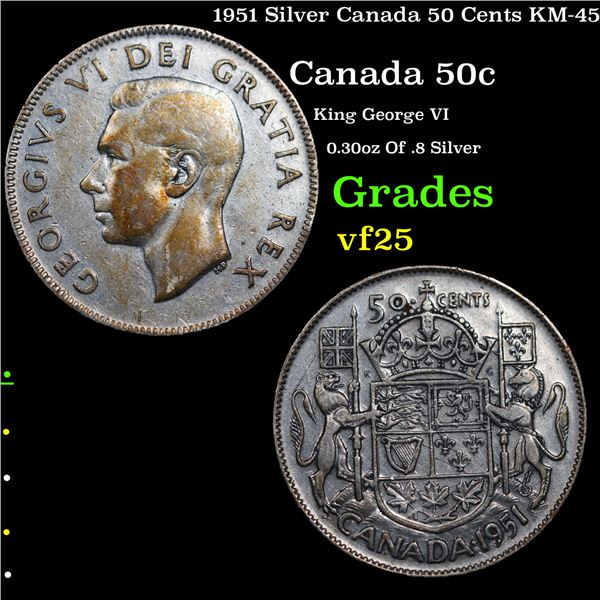 1951 Silver Canada 50 Cents KM-45 Grades vf+