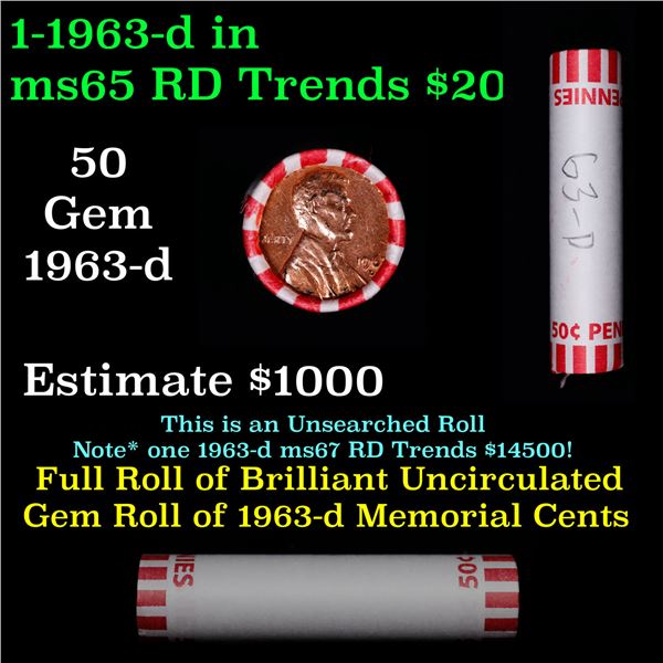 Shotgun Lincoln 1c roll, 1963-d 50 pcs Bank Wrapper.