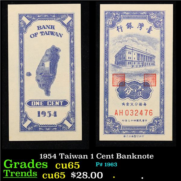 1954 Taiwan 1 Cent Banknote Grades Gem CU