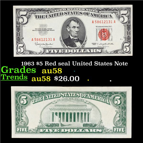 1963 $5 Red seal United States Note Grades Choice AU/BU Slider