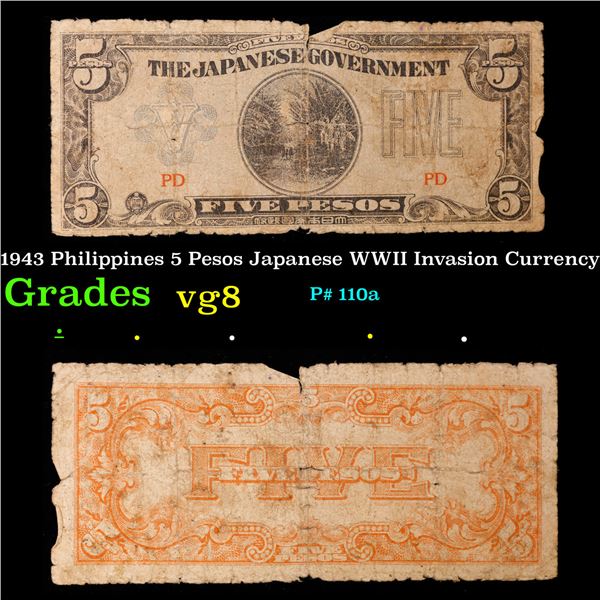 1943 Philippines 5 Pesos Japanese WWII Invasion Currency Grades vg, very good