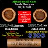 Image 1 : Mixed small cents 1c orig shotgun roll, 1917-d Wheat Cent, 1891 Indian Cent other end, Brinks Wrappe