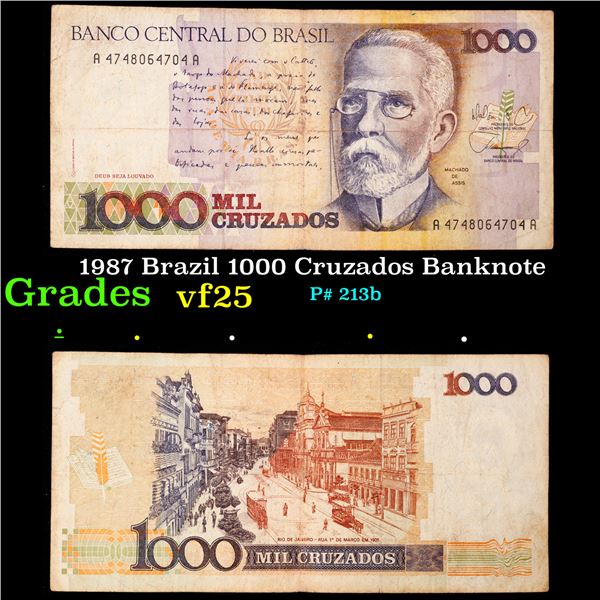 1987 Brazil 1000 Cruzados Banknote Grades vf+