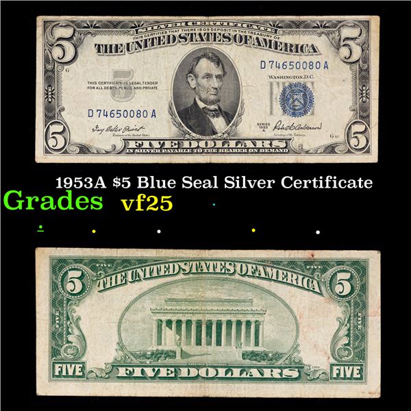 1953A $5 Blue Seal Silver Certificate Grades vf+