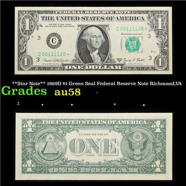 **Star Note** 1969D $1 Green Seal Federal Reserve Note Richmond,VA Grades Choice AU/BU Slider