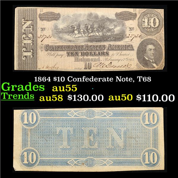 1864 $10 Confederate Note, T68 Grades Choice AU