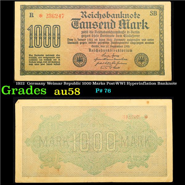 1922  Germany Weimar Republic 1000 Marks Post-WWI Hyperinflation Banknote Grades Choice AU/BU Slider