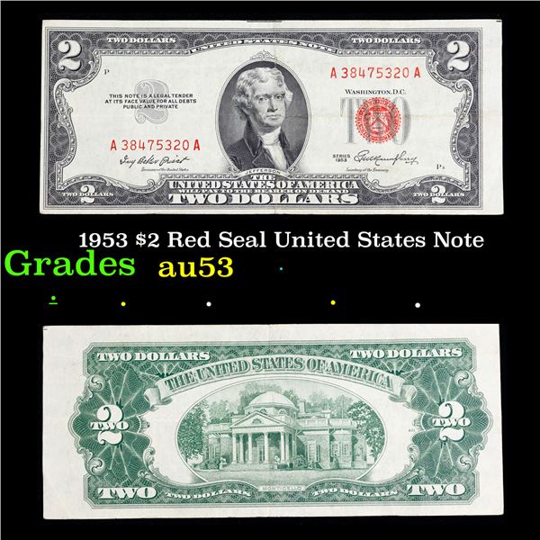 1953 $2 Red Seal United States Note Grades Select AU