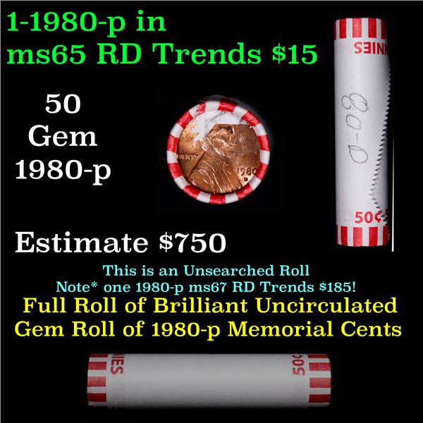 Shotgun Lincoln 1c roll, 1980-d 50 pcs Bank Wrapper.