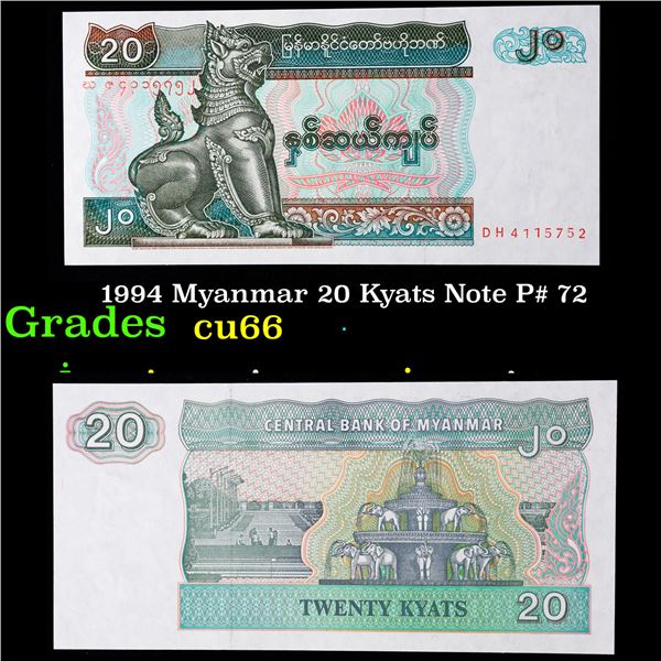 1994 Myanmar 20 Kyats Note P# 72 Grades Gem+ CU