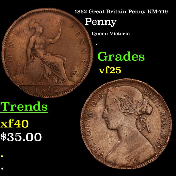 1862 Great Britain Penny KM-749 Grades vf+
