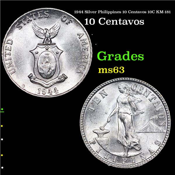 1944 Silver Philippines 10 Centavos 10C KM-181 Grades Select Unc