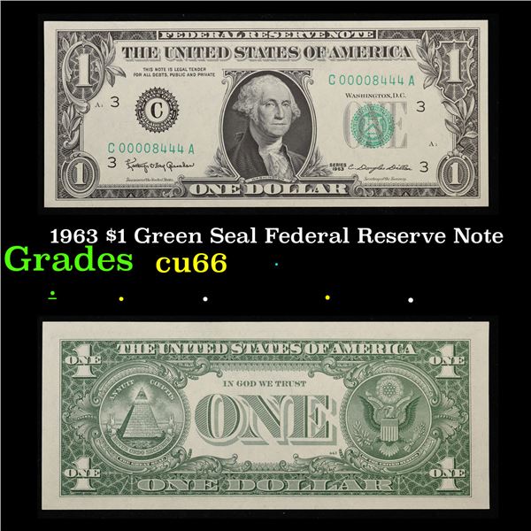 1963 $1 Green Seal Federal Reserve Note  Grades Gem+ CU