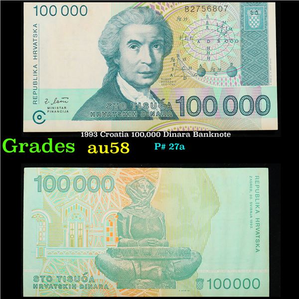 1993 Croatia 100,000 Dinara Banknote Grades Choice AU/BU Slider