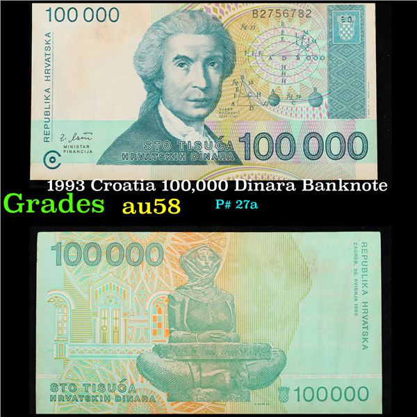 1993 Croatia 100,000 Dinara Banknote Grades Choice AU/BU Slider