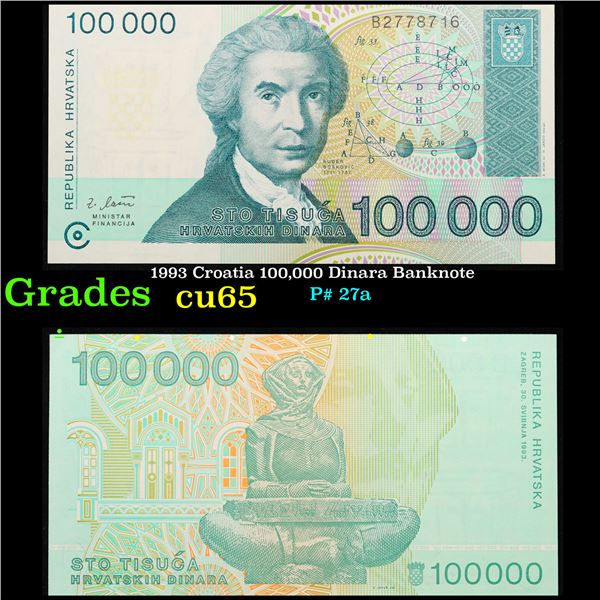 1993 Croatia 100,000 Dinara Banknote Grades Gem CU