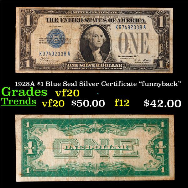 1928A $1 Blue Seal Silver Certificate "funnyback" Grades vf, very fine