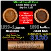 Image 1 : Mixed small cents 1c orig shotgun roll, 1919-d Wheat Cent, 1898 Indian Cent other end, Brinks Wrappe