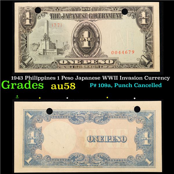 1943 Philippines 1 Peso Japanese WWII Invasion Currency Grades Choice AU/BU Slider