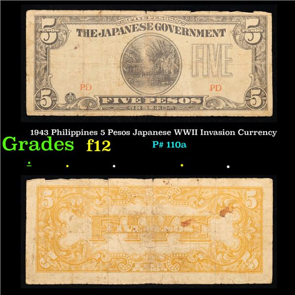 1943 Philippines 5 Pesos Japanese WWII Invasion Currency Grades f, fine