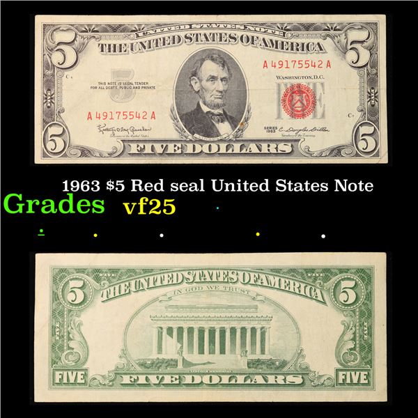 1963 $5 Red seal United States Note Grades vf+