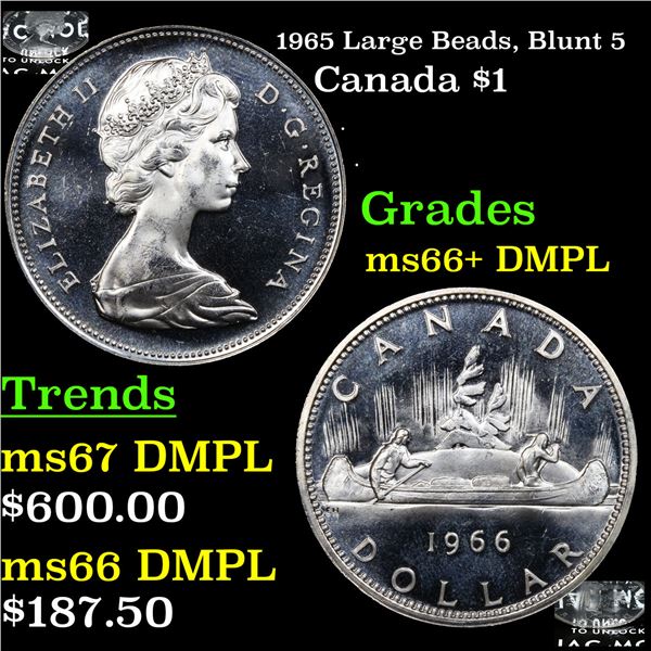 1965 Large Beads, Blunt 5 Canada Dollar $1 Grades GEM++ DMPL