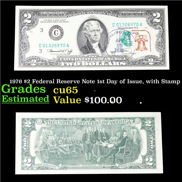 1976 $2 Federal Reserve Note 1st Day of Issue, with Stamp Grades Gem CU