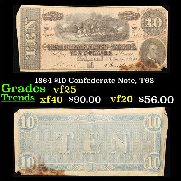 1864 $10 Confederate Note, T68 Grades vf+