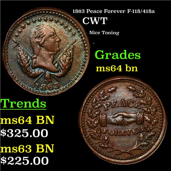 1863 Peace Forever Civil War Token F-118/418a 1c Grades Choice Unc BN