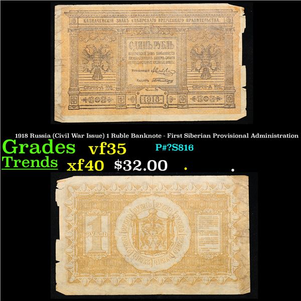 1918 Russia (Civil War Issue) 1 Ruble Banknote - First Siberian Provisional Administration Grades vf