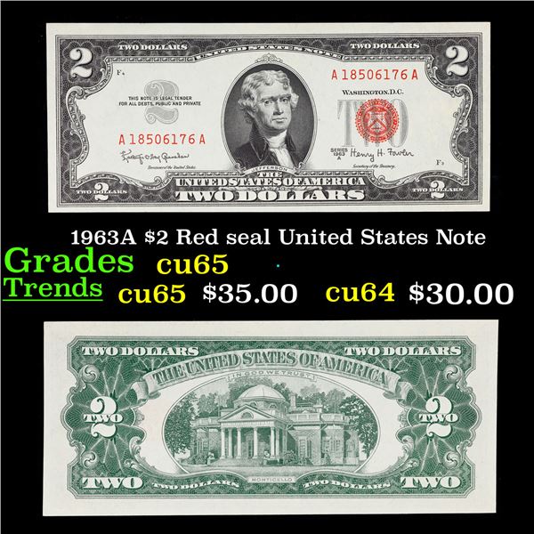 1963A $2 Red seal United States Note Grades Gem CU