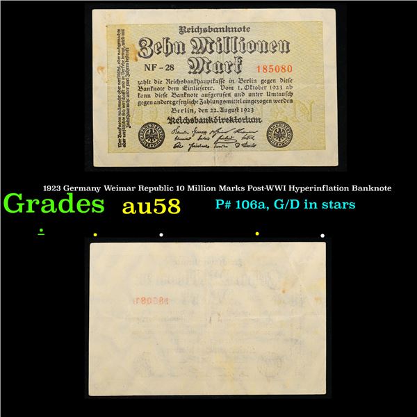 1923 Germany Weimar Republic 10 Million Marks Post-WWI Hyperinflation Banknote Grades Choice AU/BU S