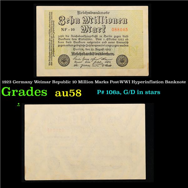 1923 Germany Weimar Republic 10 Million Marks Post-WWI Hyperinflation Banknote Grades Choice AU/BU S