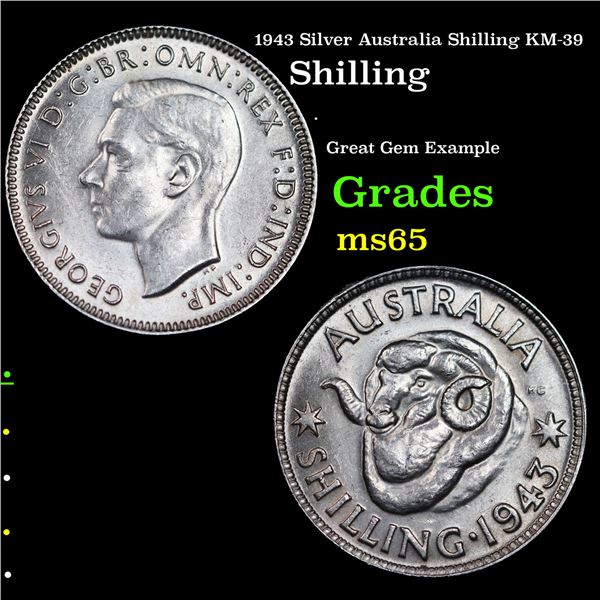 1943 Silver Australia Shilling KM-39 Grades GEM Unc