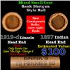 Image 1 : Mixed small cents 1c orig shotgun roll, 1919-d Wheat Cent, 1897 Indian Cent other end, Brinks Wrappe