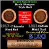 Image 1 : Mixed small cents 1c orig shotgun roll, 1917-d Wheat Cent, 1891 Indian Cent other end, Brinks Wrappe