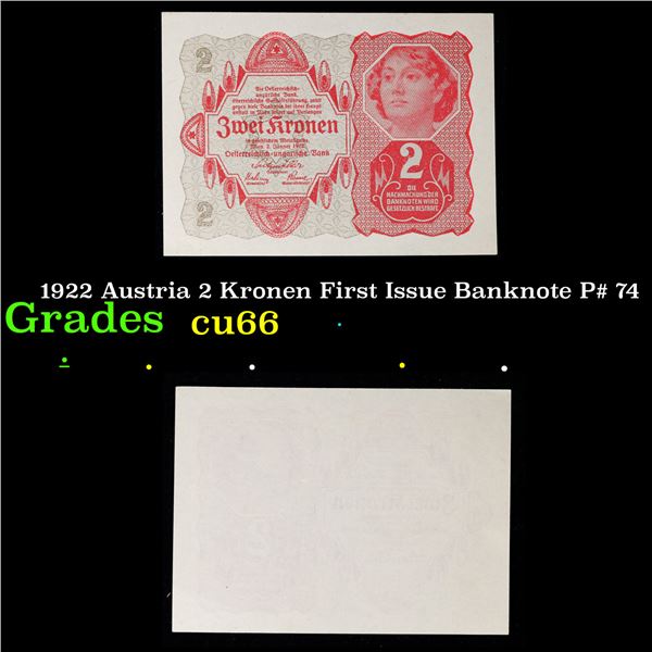 1922 Austria 2 Kronen First Issue Banknote P# 74 Grades Gem+ CU