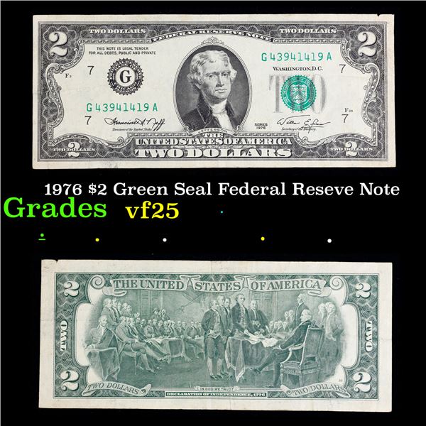 1976 $2 Green Seal Federal Reseve Note Grades vf+