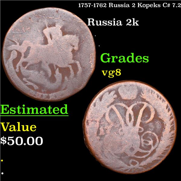 1757-1762 Russia 2 Kopeks C# 7.2 Grades vg, very good