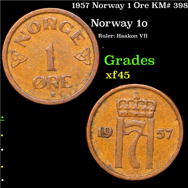1957 Norway 1 Ore KM# 398 Grades xf+
