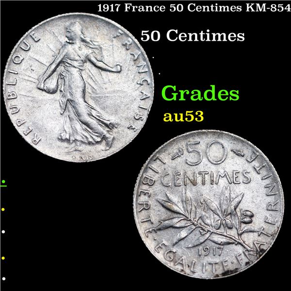 1917 France 50 Centimes KM-854 Grades Select AU