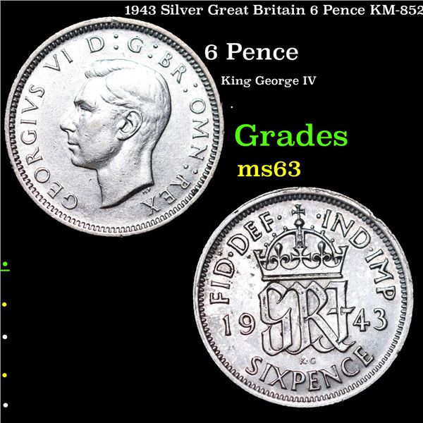 1943 Silver Great Britain 6 Pence KM-852 Grades Select Unc