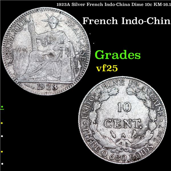 1923A Silver French Indo-China Dime 10c KM-16.1 Grades vf+