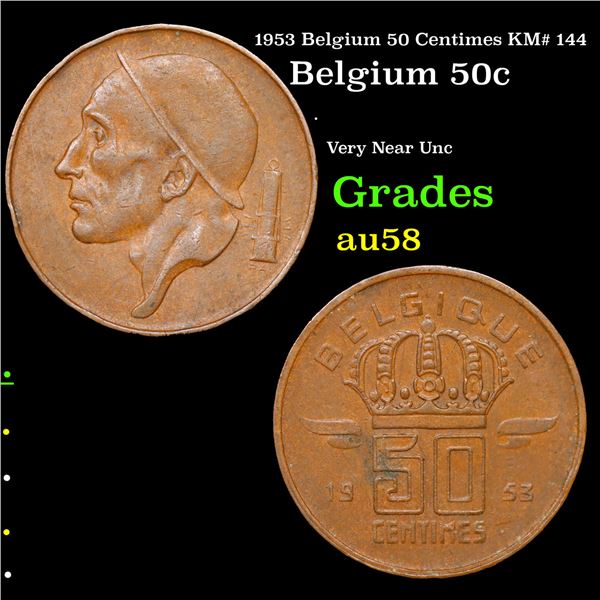 1953 Belgium 50 Centimes KM# 144 Grades Choice AU/BU Slider