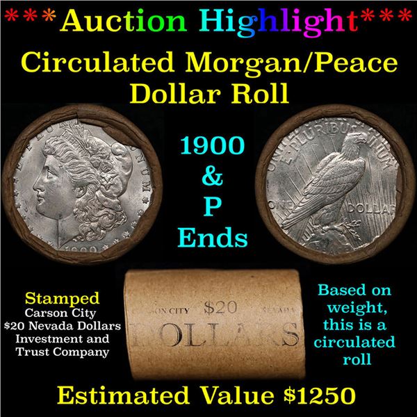 ***Auction Highlight*** Shotgun 1890 & 'P' Ends Mixed Morgan/Peace Silver dollar roll, 20 coin Carso