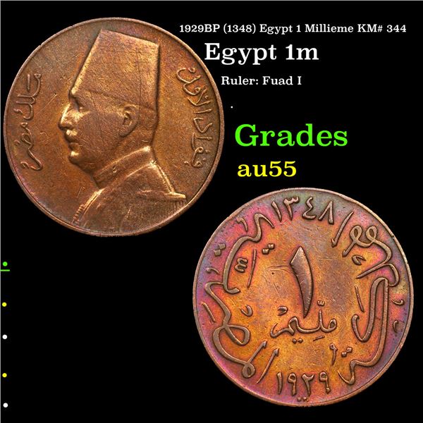 1929BP (1348) Egypt 1 Millieme KM# 344 Grades Choice AU