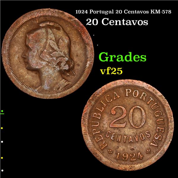 1924 Portugal 20 Centavos KM-578 Grades vf+