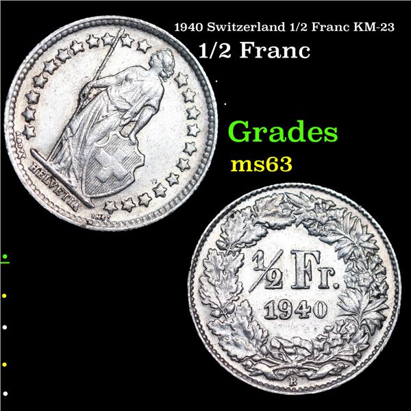 1940 Switzerland 1/2 Franc KM-23 Grades Select Unc