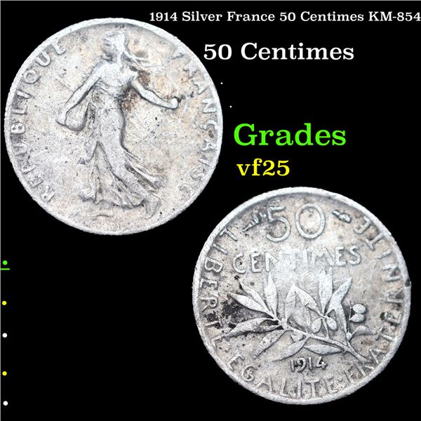 1914 Silver France 50 Centimes KM-854 Grades vf+