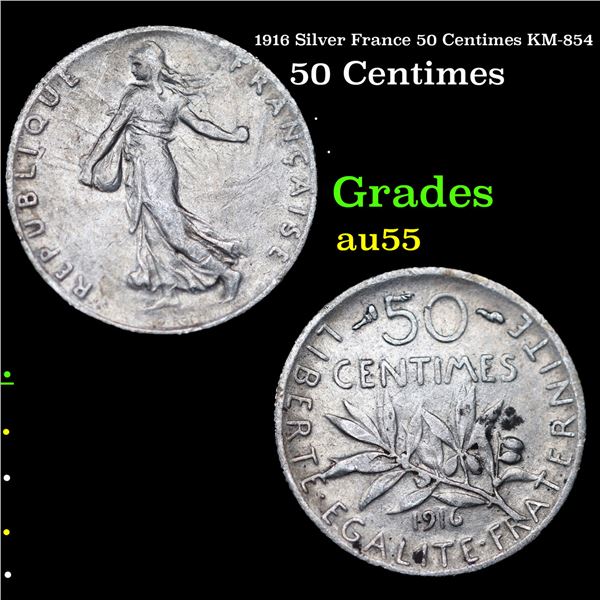 1916 Silver France 50 Centimes KM-854 Grades Choice AU